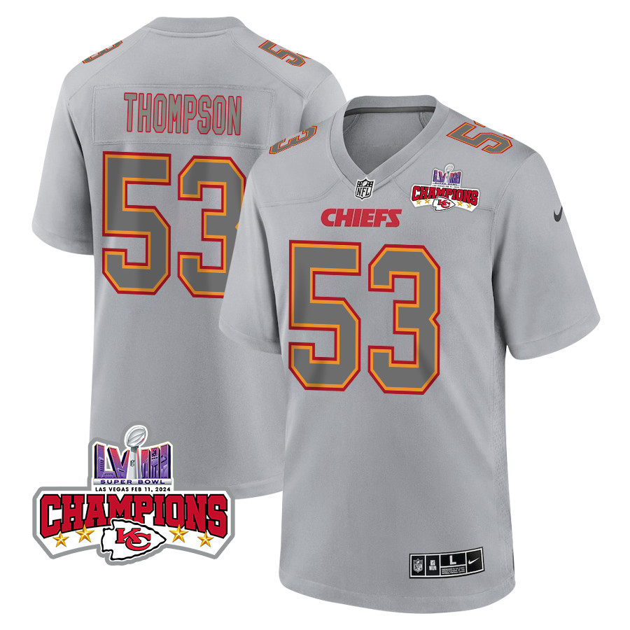 Bj Thompson 53 Kansas City Chiefs Super Bowl Lviii Champions 4 Stars Patch Atmosphere Fashion Game Men Jersey - Gray Js4116