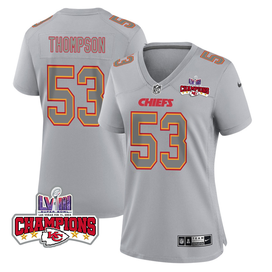 Bj Thompson 53 Kansas City Chiefs Super Bowl Lviii Champions 4 Stars Patch Atmosphere Fashion Game Women Jersey - Gray Js7761
