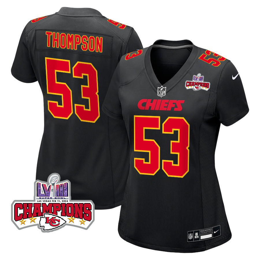 Bj Thompson 53 Kansas City Chiefs Super Bowl Lviii Champions 4 Stars Patch Fashion Game Women Jersey - Carbon Black Js7091