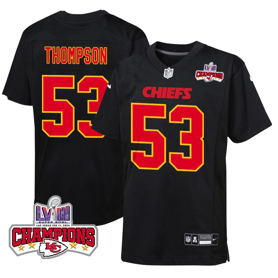 Bj Thompson 53 Kansas City Chiefs Super Bowl Lviii Champions 4 Stars Patch Fashion Game Youth Jersey - Carbon Black Js3536