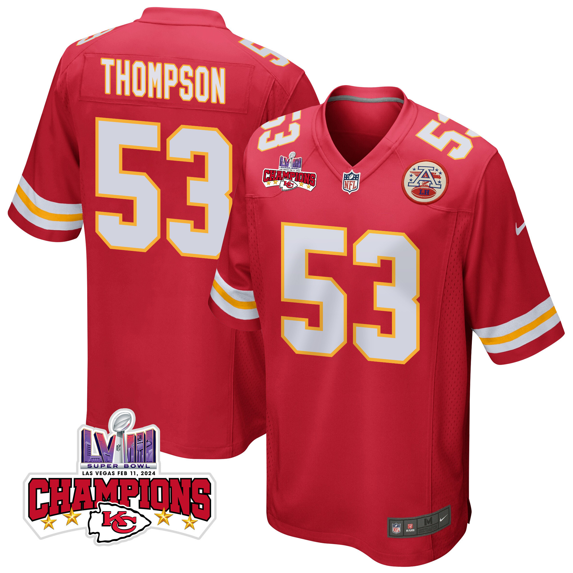 Bj Thompson 53 Kansas City Chiefs Super Bowl Lviii Champions 4 Stars Patch Game Men Jersey - Red Js1482