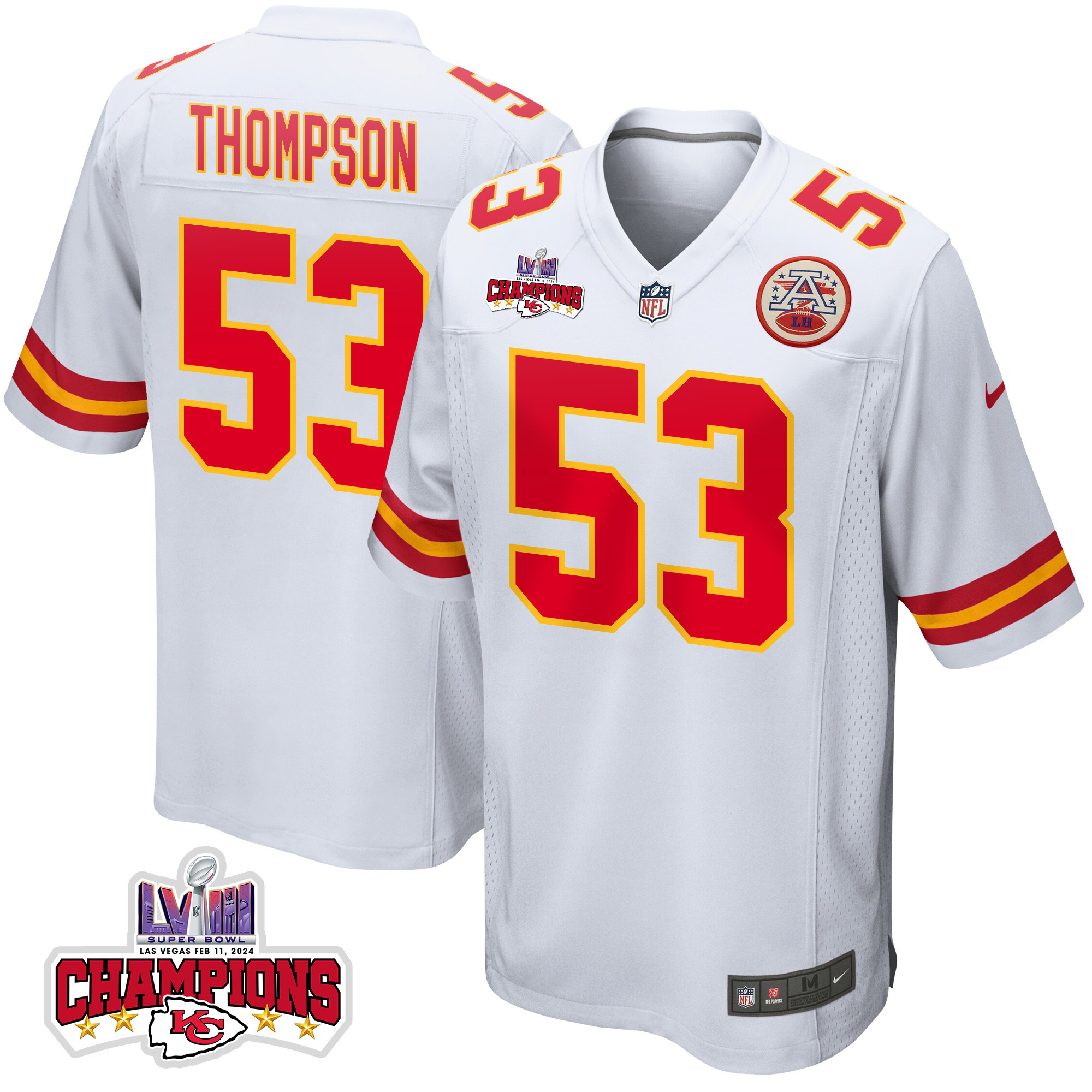 Bj Thompson 53 Kansas City Chiefs Super Bowl Lviii Champions 4 Stars Patch Game Men Jersey - White Js4783