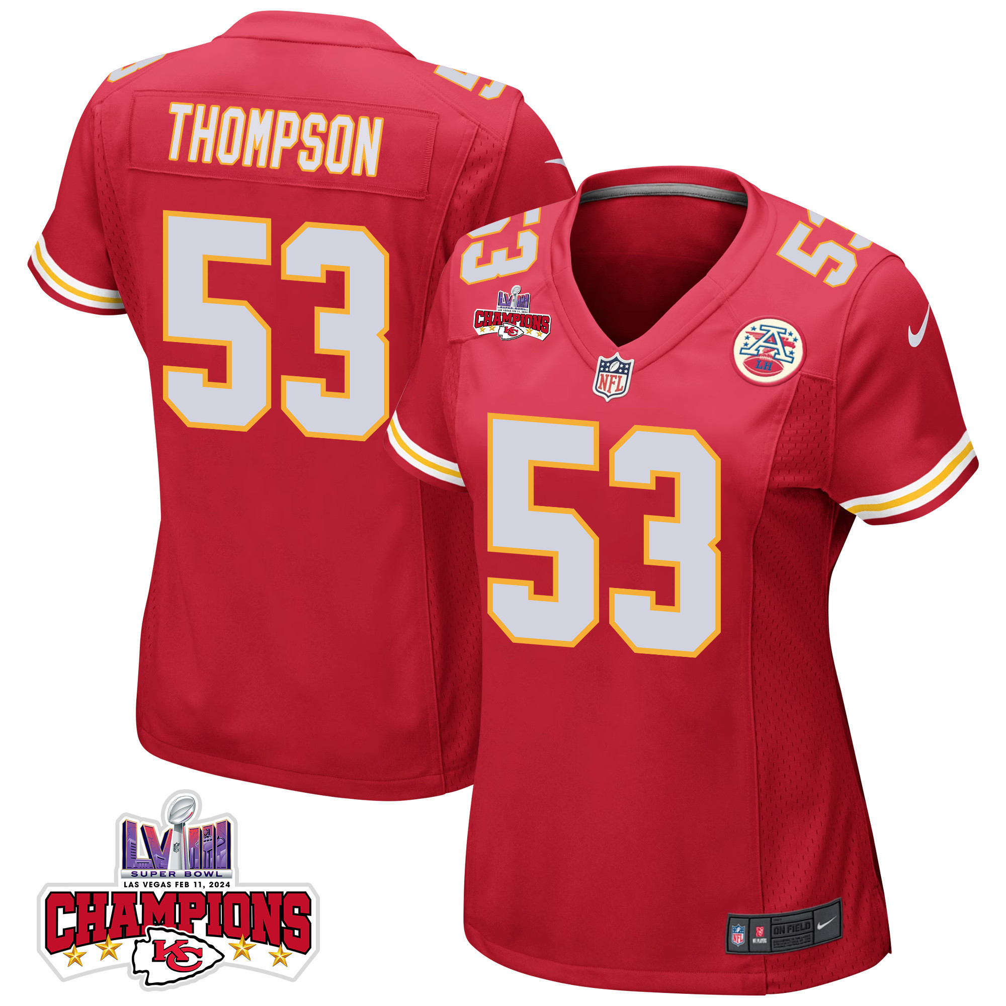 Bj Thompson 53 Kansas City Chiefs Super Bowl Lviii Champions 4 Stars Patch Game Women Jersey - Red Js1588