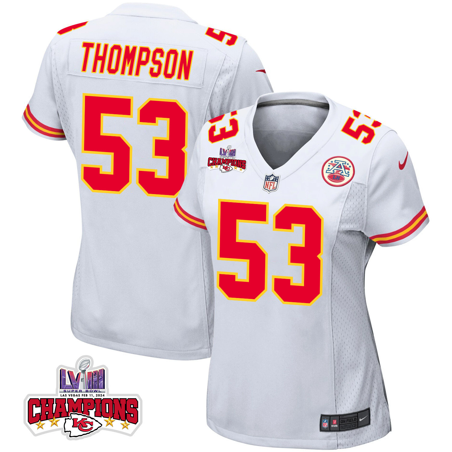 Bj Thompson 53 Kansas City Chiefs Super Bowl Lviii Champions 4 Stars Patch Game Women Jersey - White Js6256