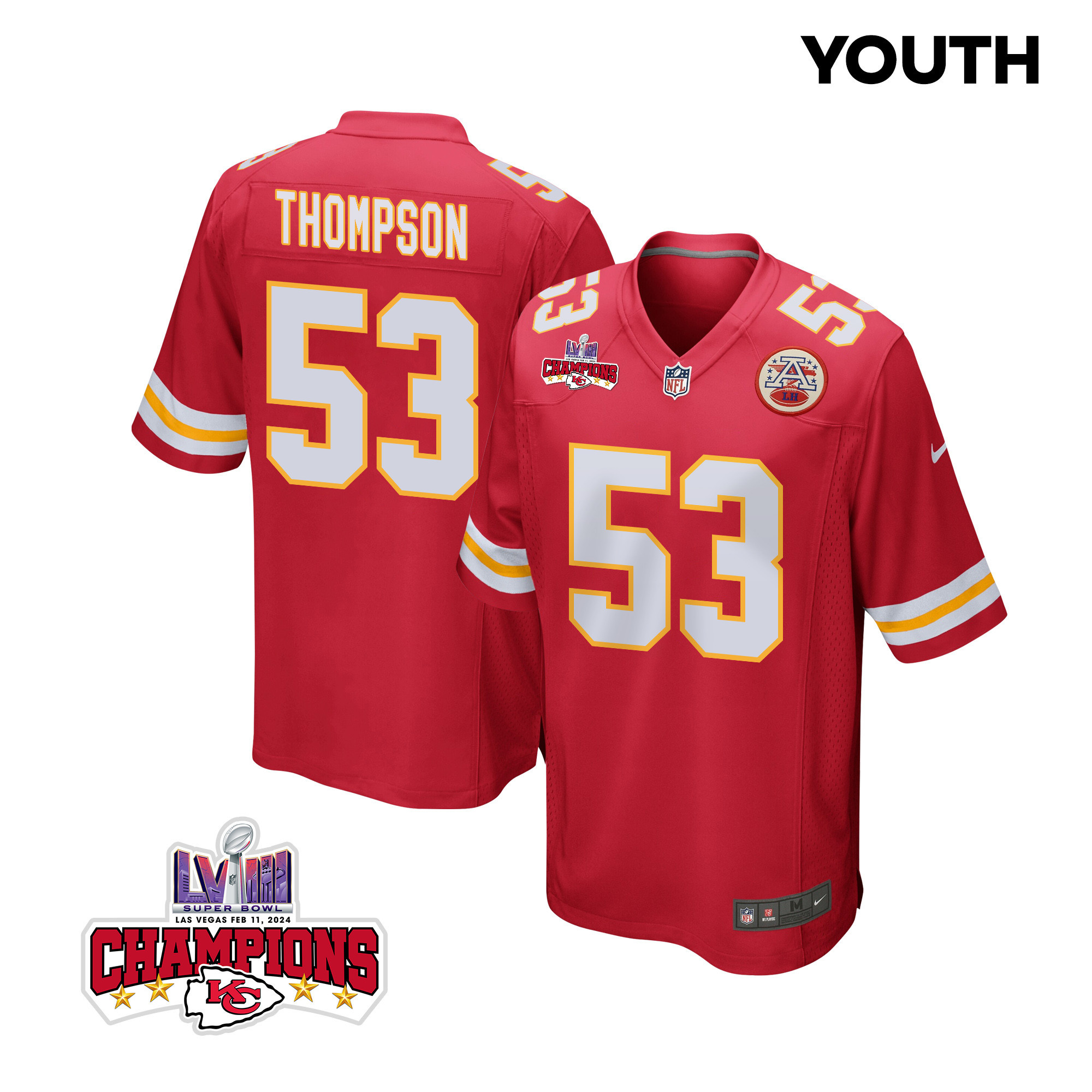 Bj Thompson 53 Kansas City Chiefs Super Bowl Lviii Champions 4 Stars Patch Game Youth Jersey - Red Js3056