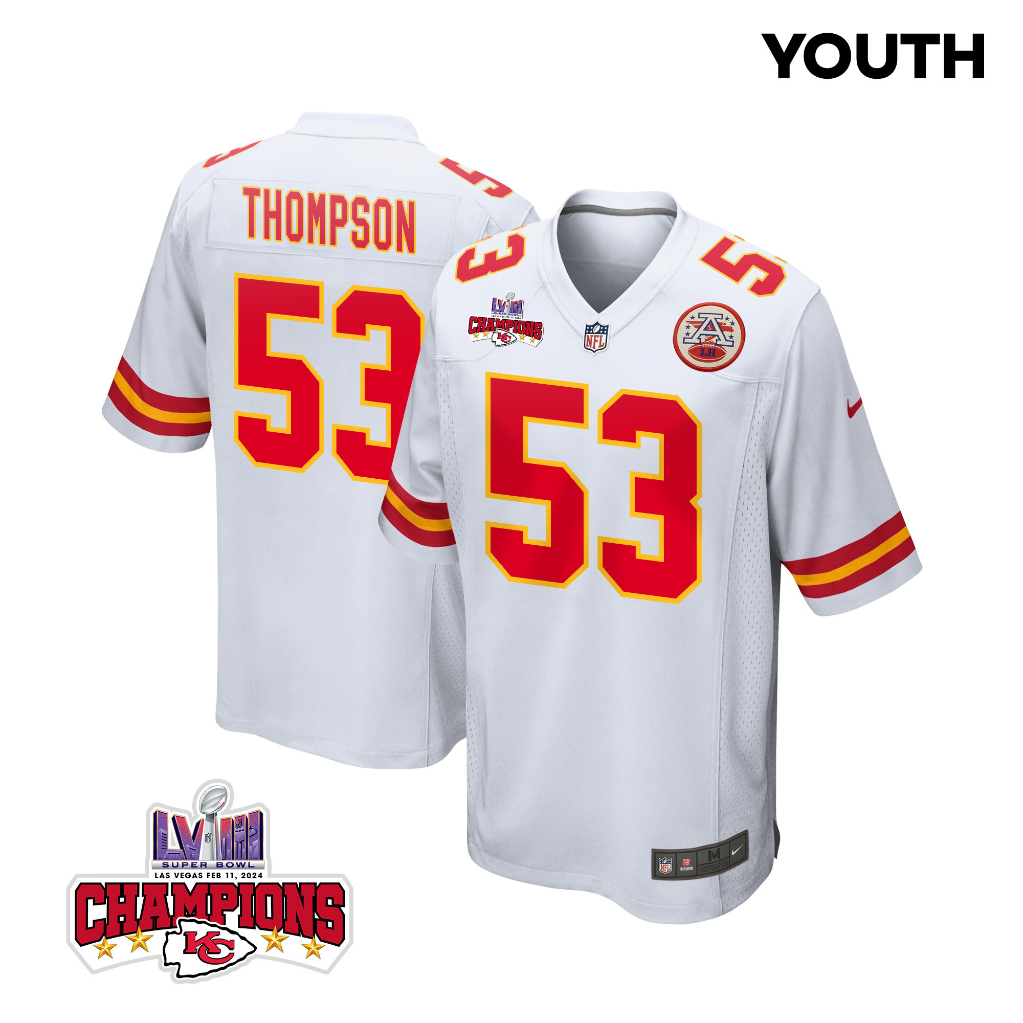 Bj Thompson 53 Kansas City Chiefs Super Bowl Lviii Champions 4 Stars Patch Game Youth Jersey - White Js3807