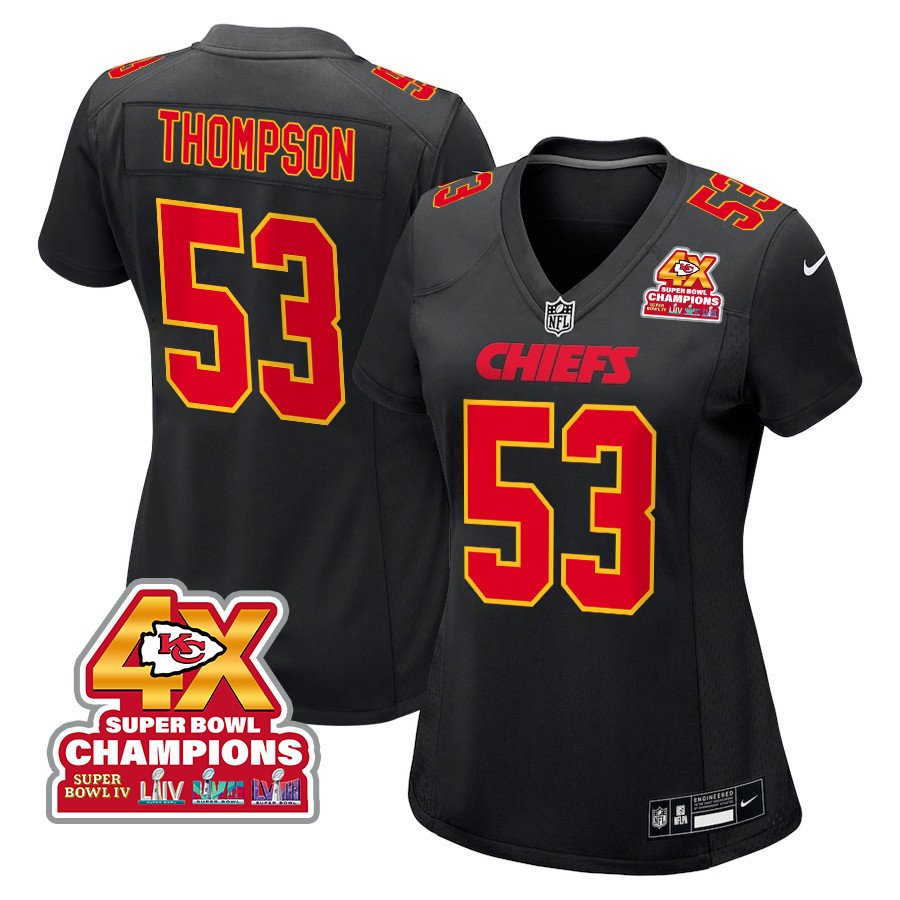 Bj Thompson 53 Kansas City Chiefs Super Bowl Lviii Champions 4x Fashion Game Women Jersey - Carbon Black Js5813