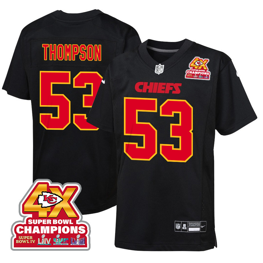 Bj Thompson 53 Kansas City Chiefs Super Bowl Lviii Champions 4x Fashion Game Youth Jersey - Carbon Black Js4685