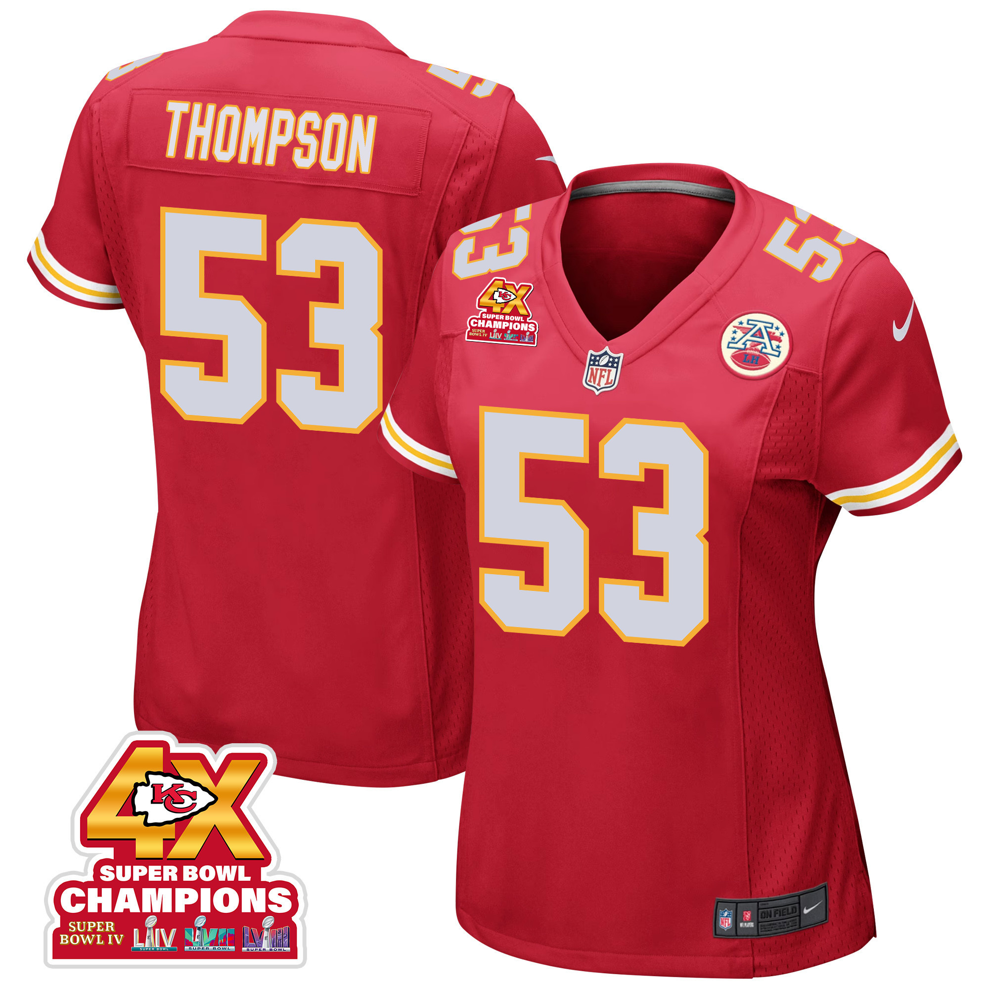 Bj Thompson 53 Kansas City Chiefs Super Bowl Lviii Champions 4x Game Women Jersey - Red Js9937