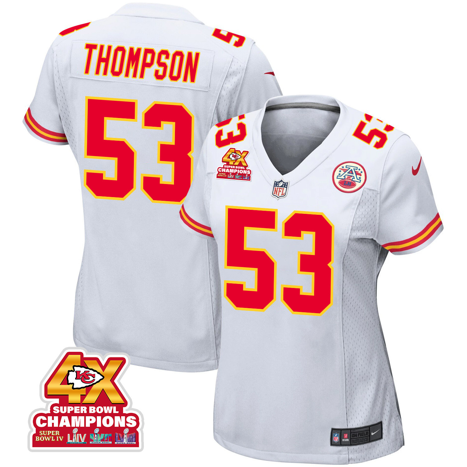 Bj Thompson 53 Kansas City Chiefs Super Bowl Lviii Champions 4x Game Women Jersey - White Js1117