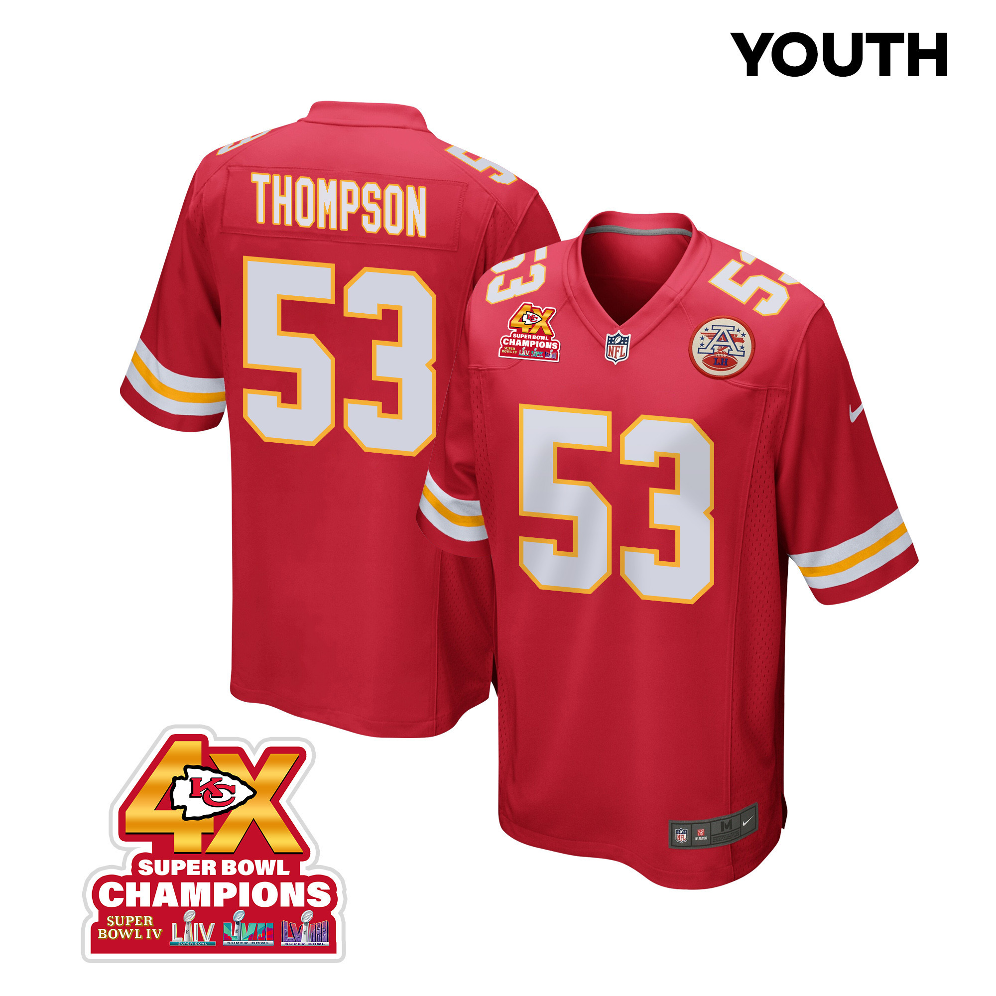 Bj Thompson 53 Kansas City Chiefs Super Bowl Lviii Champions 4x Game Youth Jersey - Red Js8739