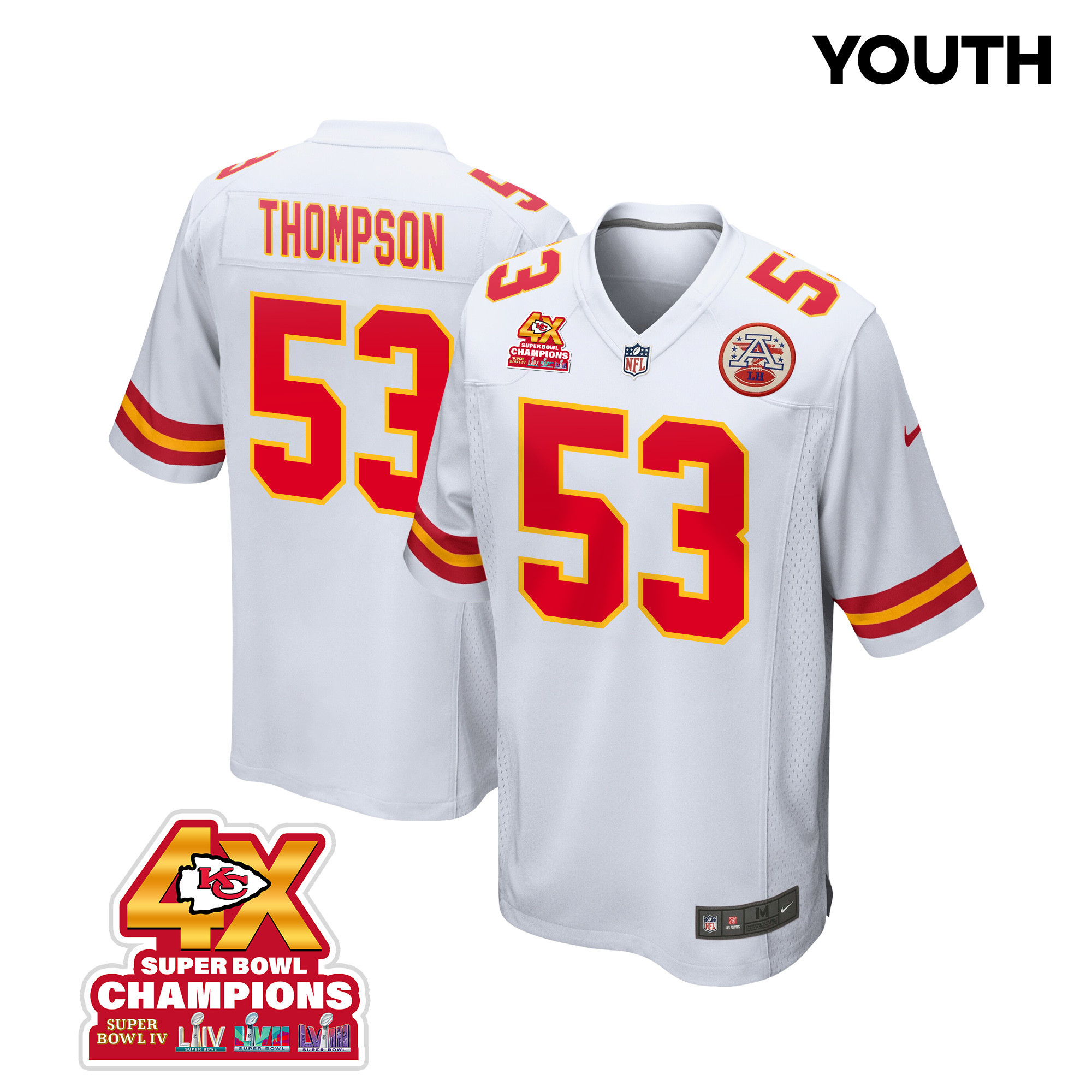 Bj Thompson 53 Kansas City Chiefs Super Bowl Lviii Champions 4x Game Youth Jersey - White Js5951