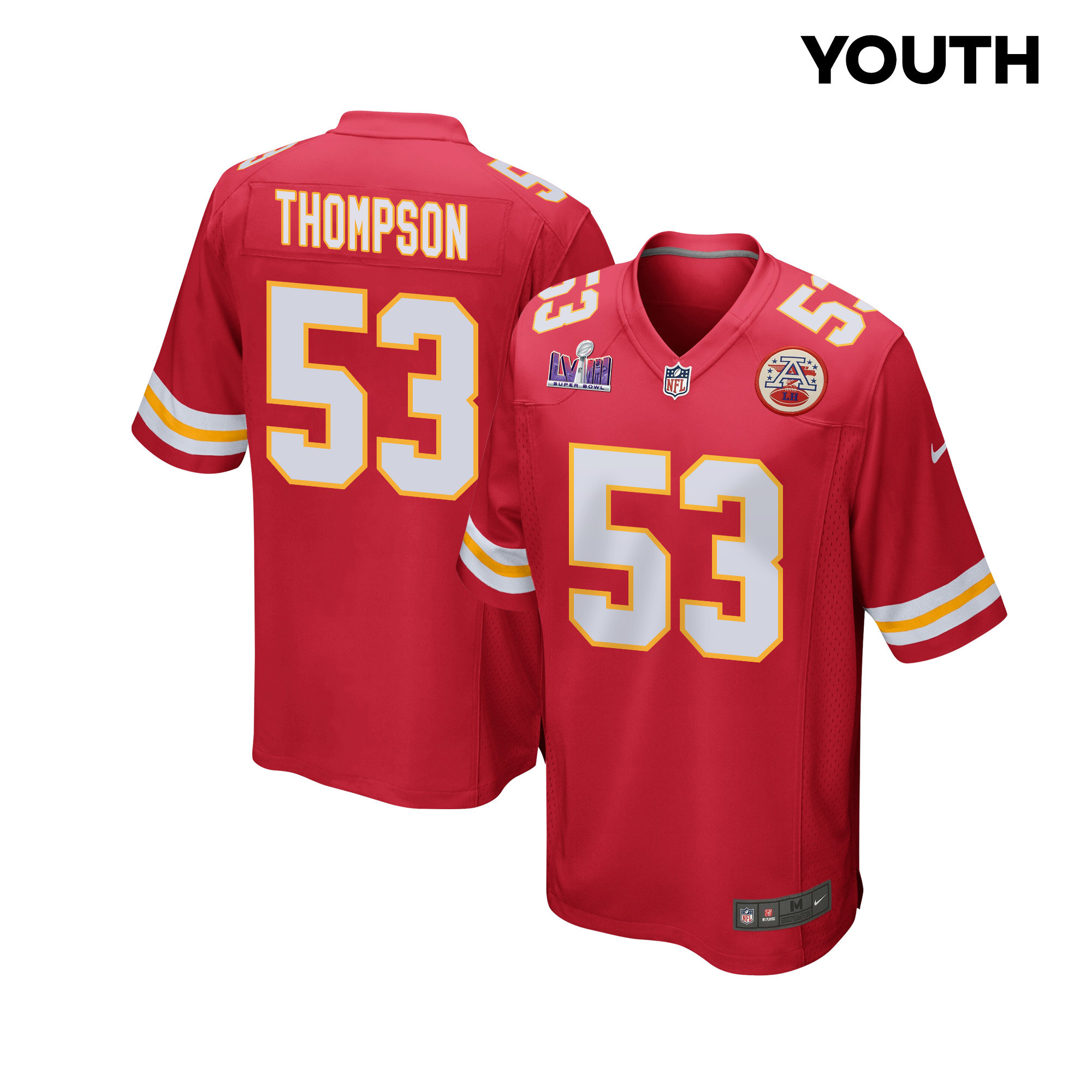 Bj Thompson 53 Kansas City Chiefs Super Bowl Lviii Patch Game Youth Jersey - Red Js6865