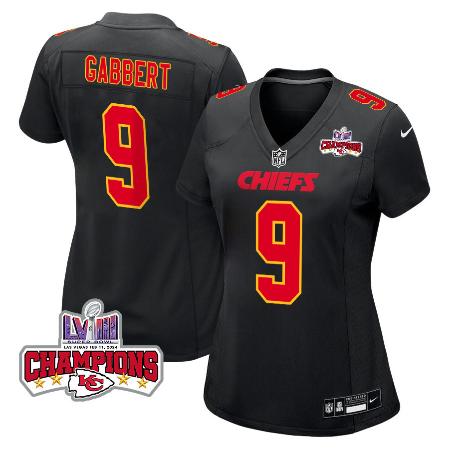 Blaine Gabbert 9 Kansas City Chiefs Super Bowl Lviii Champions 4 Stars Patch Fashion Game Women Jersey - Carbon Black Js6489