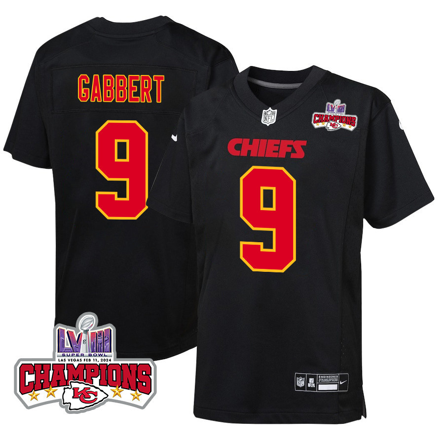 Blaine Gabbert 9 Kansas City Chiefs Super Bowl Lviii Champions 4 Stars Patch Fashion Game Youth Jersey - Carbon Black Js6487
