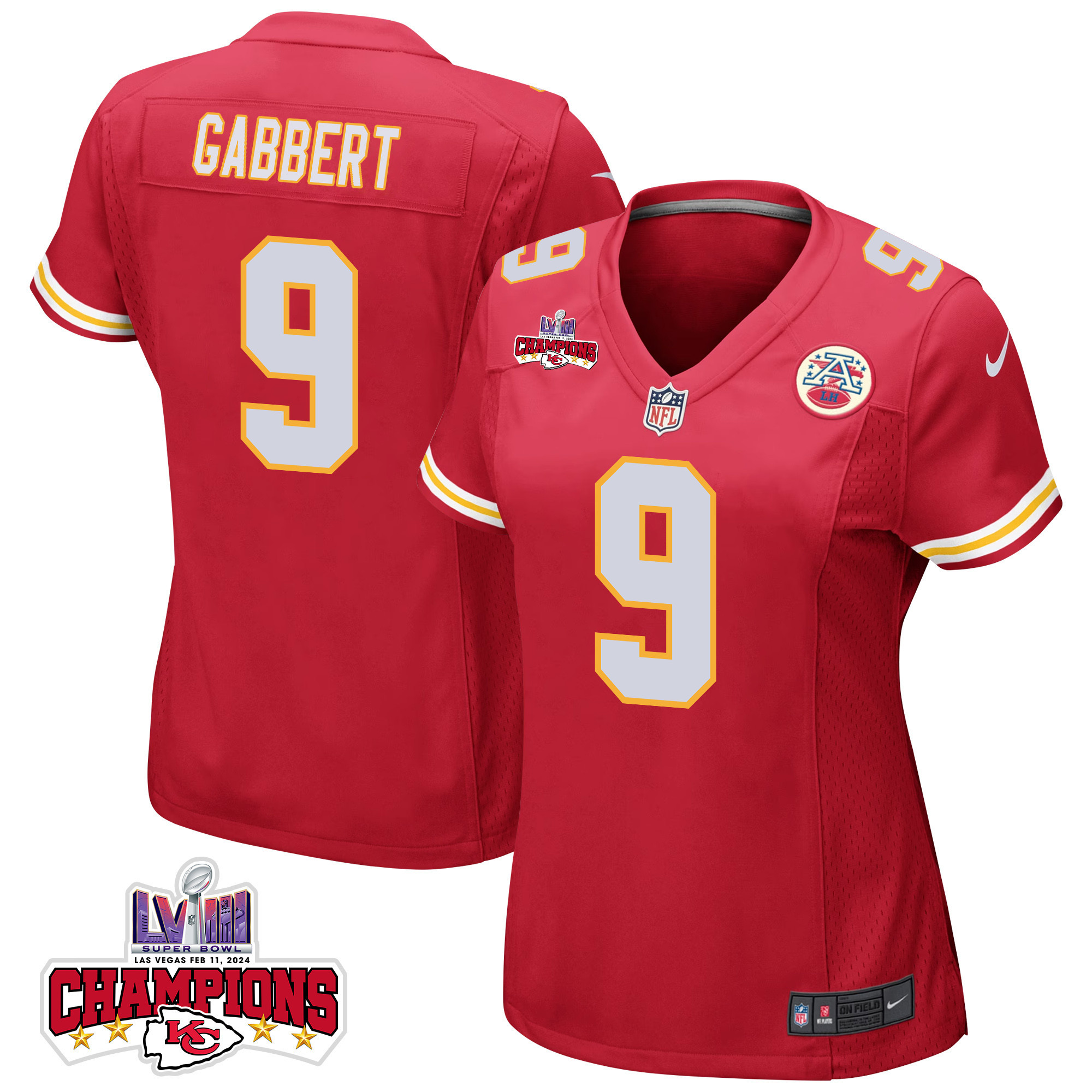 Blaine Gabbert 9 Kansas City Chiefs Super Bowl Lviii Champions 4 Stars Patch Game Women Jersey - Red Js5115