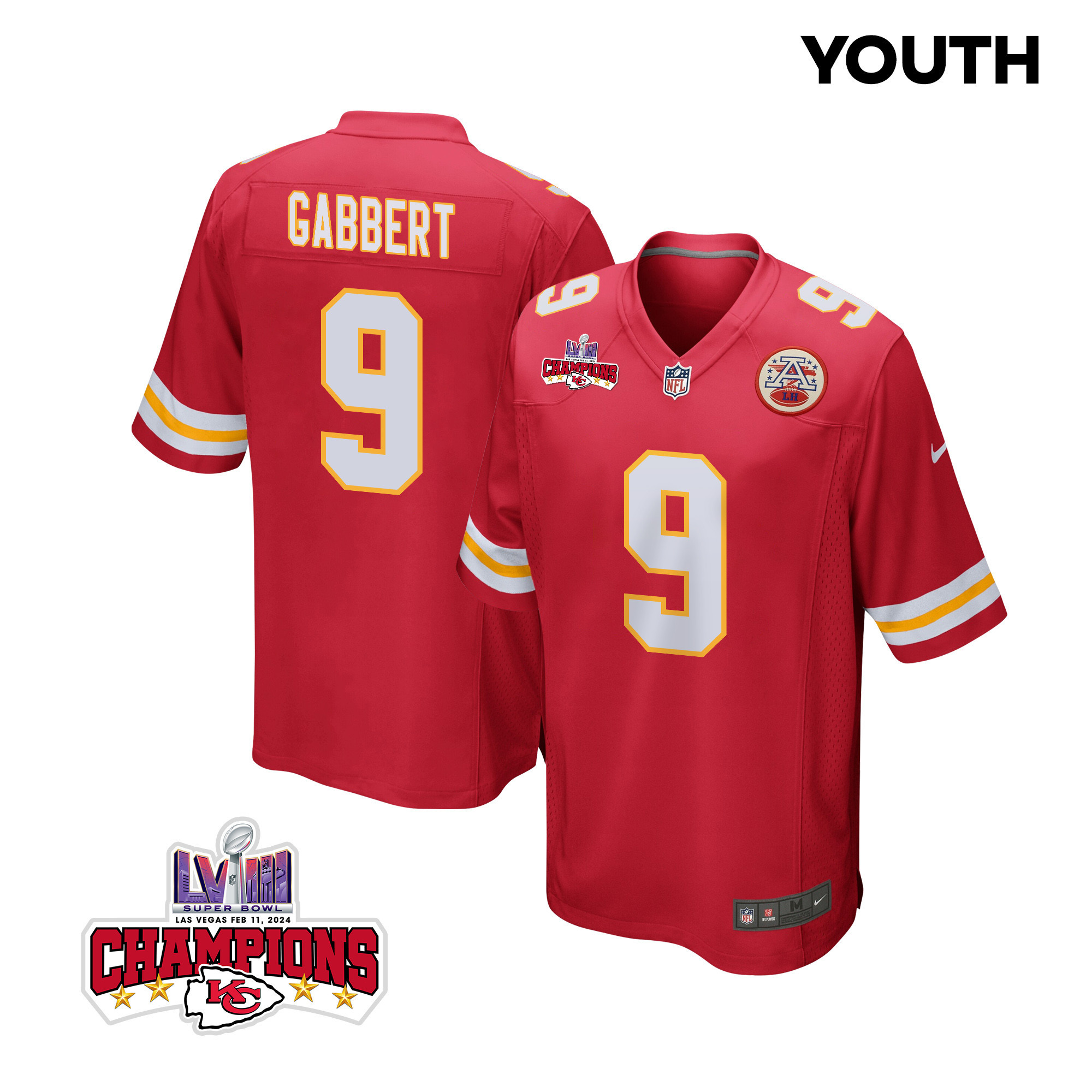 Blaine Gabbert 9 Kansas City Chiefs Super Bowl Lviii Champions 4 Stars Patch Game Youth Jersey - Red Js4437