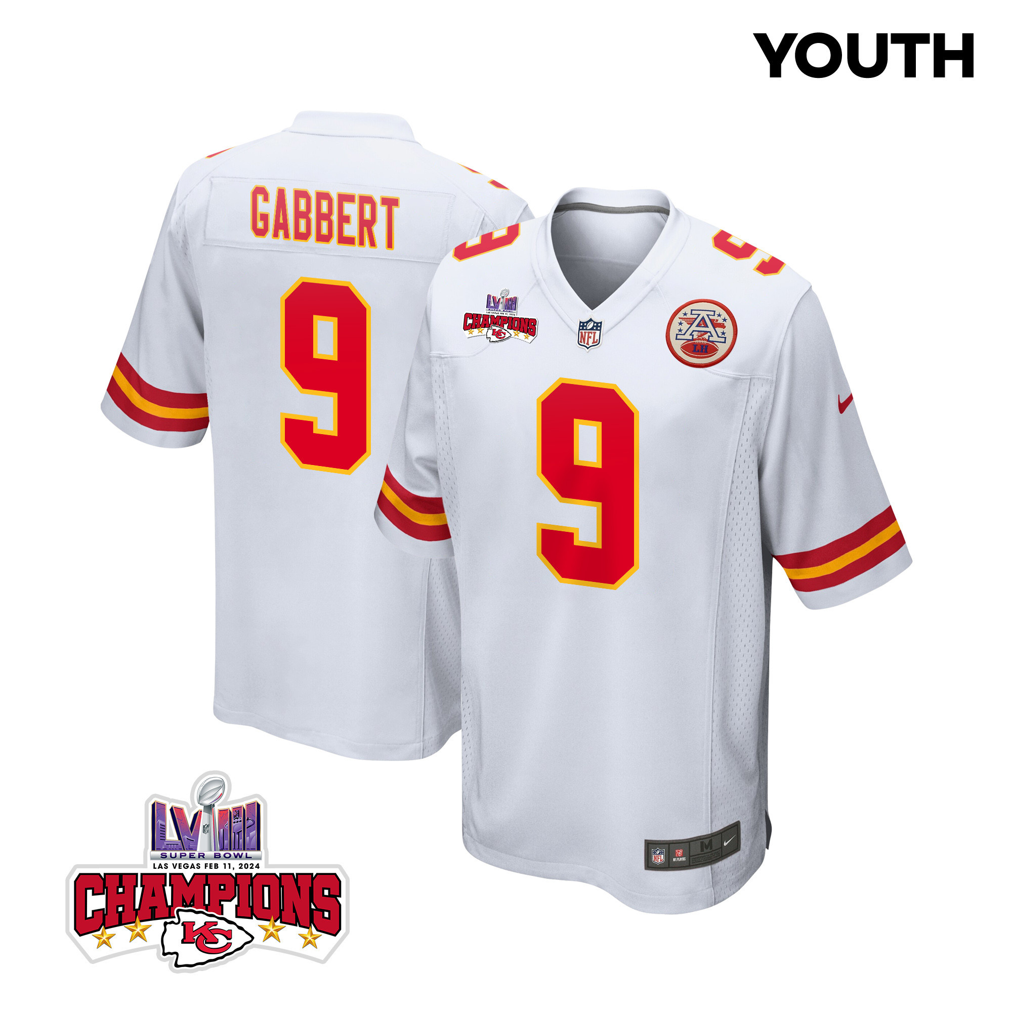 Blaine Gabbert 9 Kansas City Chiefs Super Bowl Lviii Champions 4 Stars Patch Game Youth Jersey - White Js6152