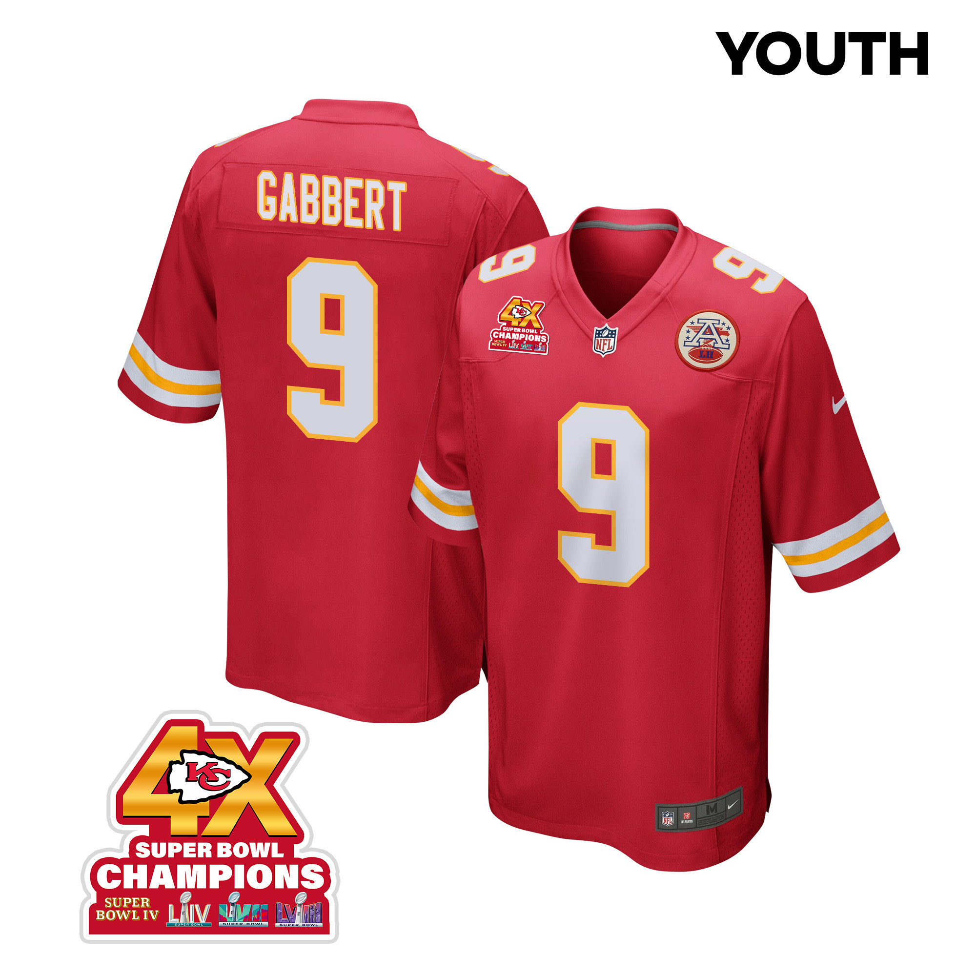 Blaine Gabbert 9 Kansas City Chiefs Super Bowl Lviii Champions 4x Game Youth Jersey - Red Js5995