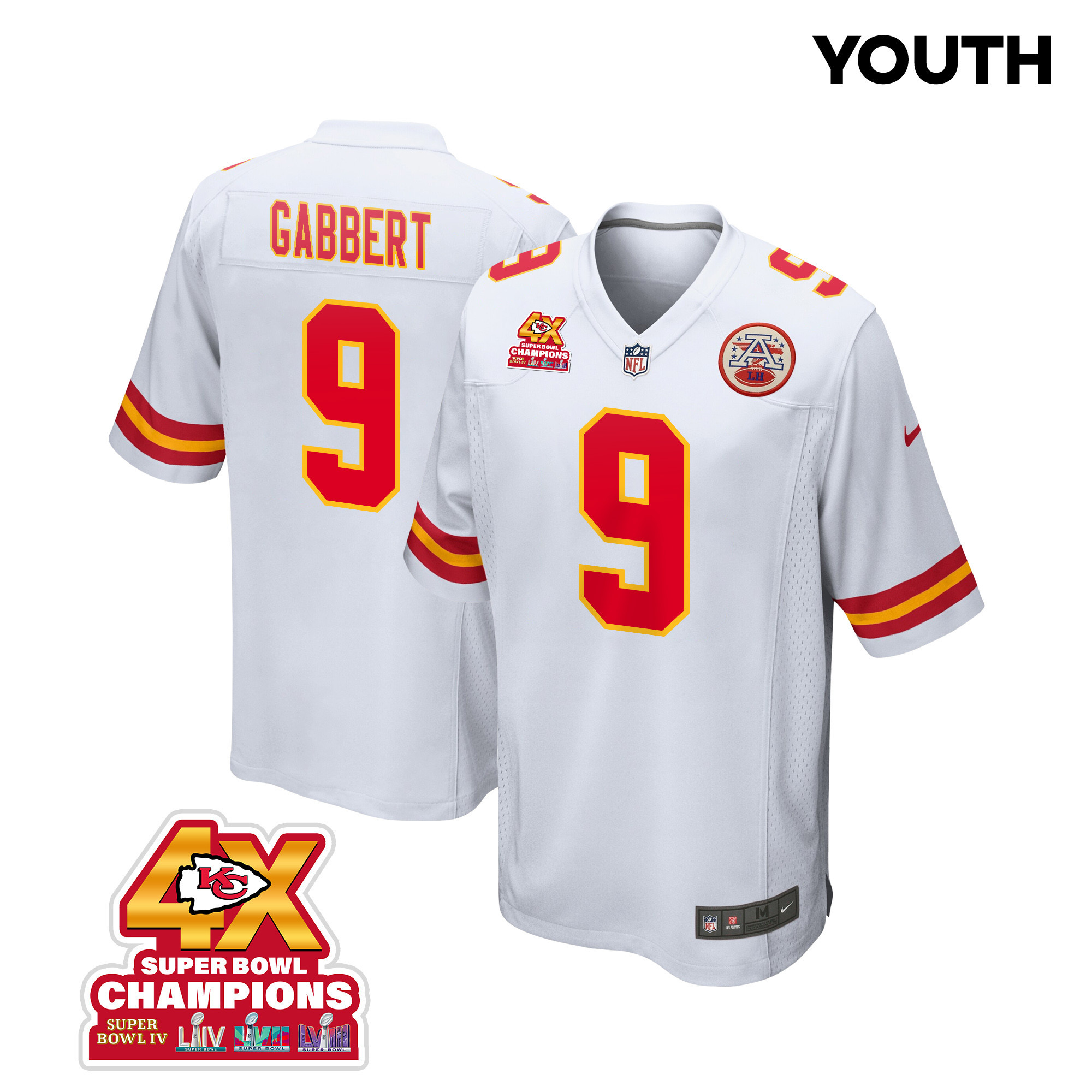 Blaine Gabbert 9 Kansas City Chiefs Super Bowl Lviii Champions 4x Game Youth Jersey - White Js2730