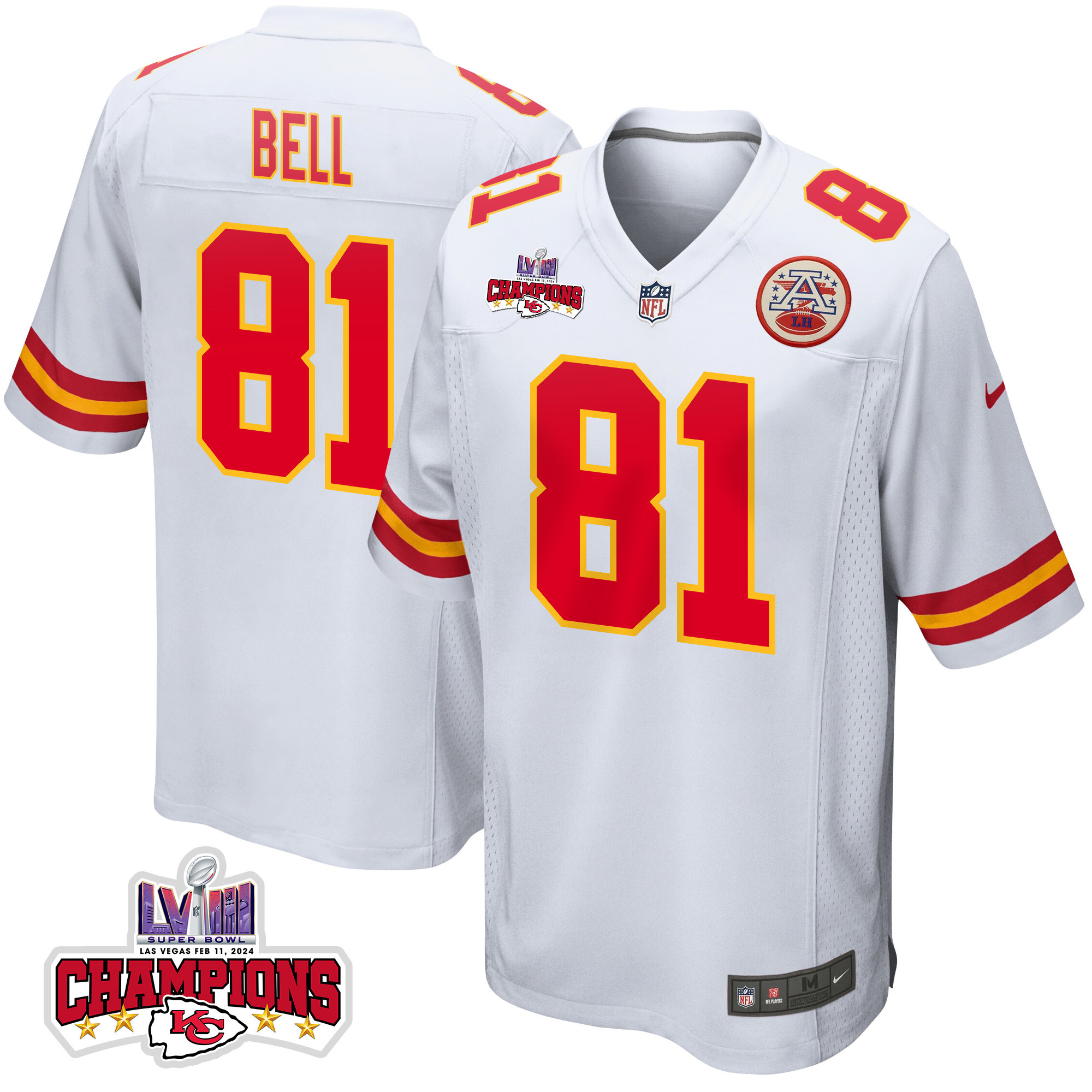 Blake Bell 81 Kansas City Chiefs Super Bowl Lviii Champions 4 Stars Patch Game Men Jersey - White Js6810