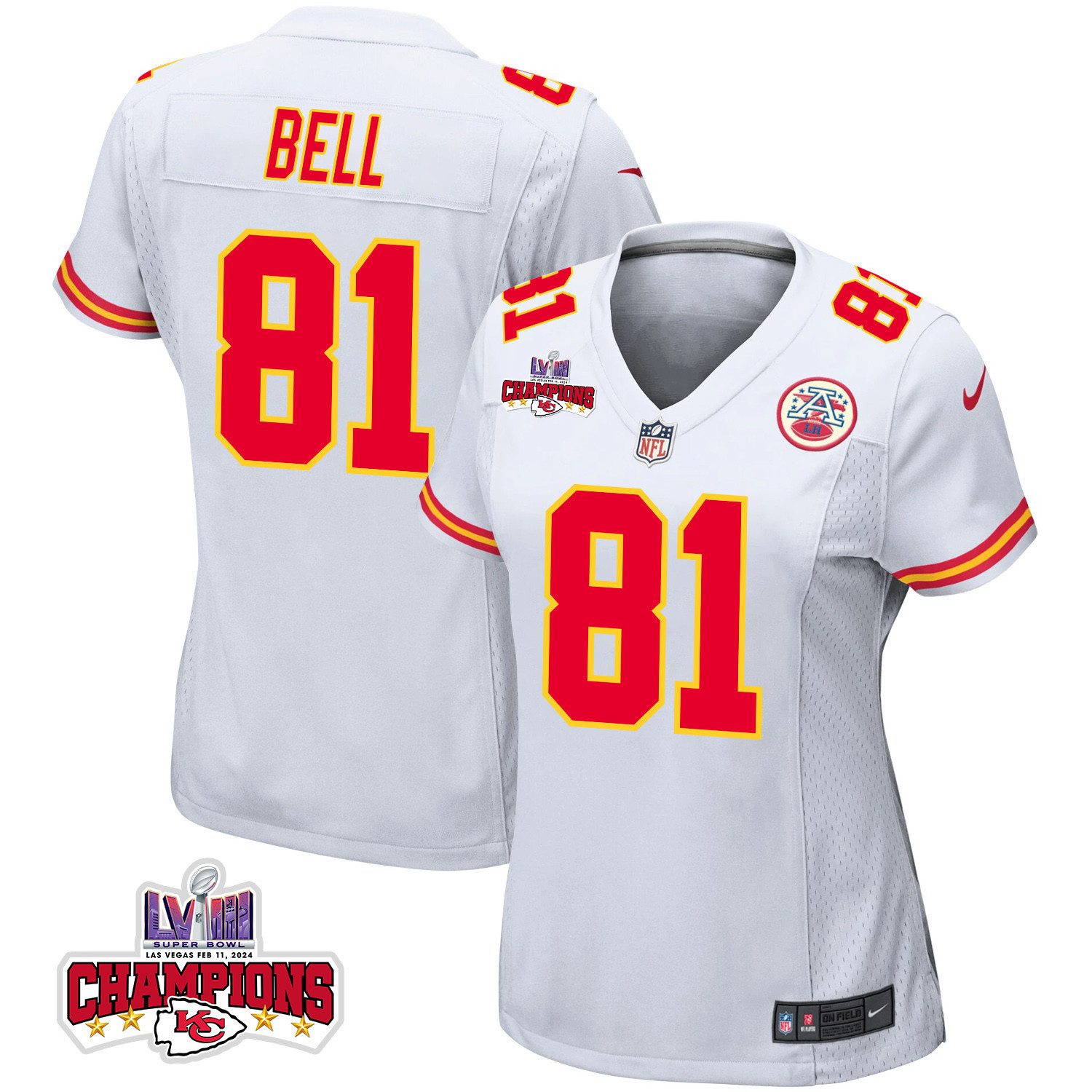Blake Bell 81 Kansas City Chiefs Super Bowl Lviii Champions 4 Stars Patch Game Women Jersey - White Js8551