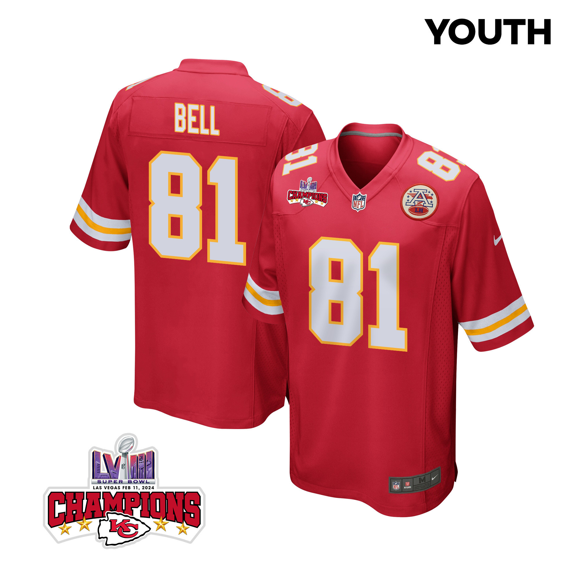Blake Bell 81 Kansas City Chiefs Super Bowl Lviii Champions 4 Stars Patch Game Youth Jersey - Red Js4526
