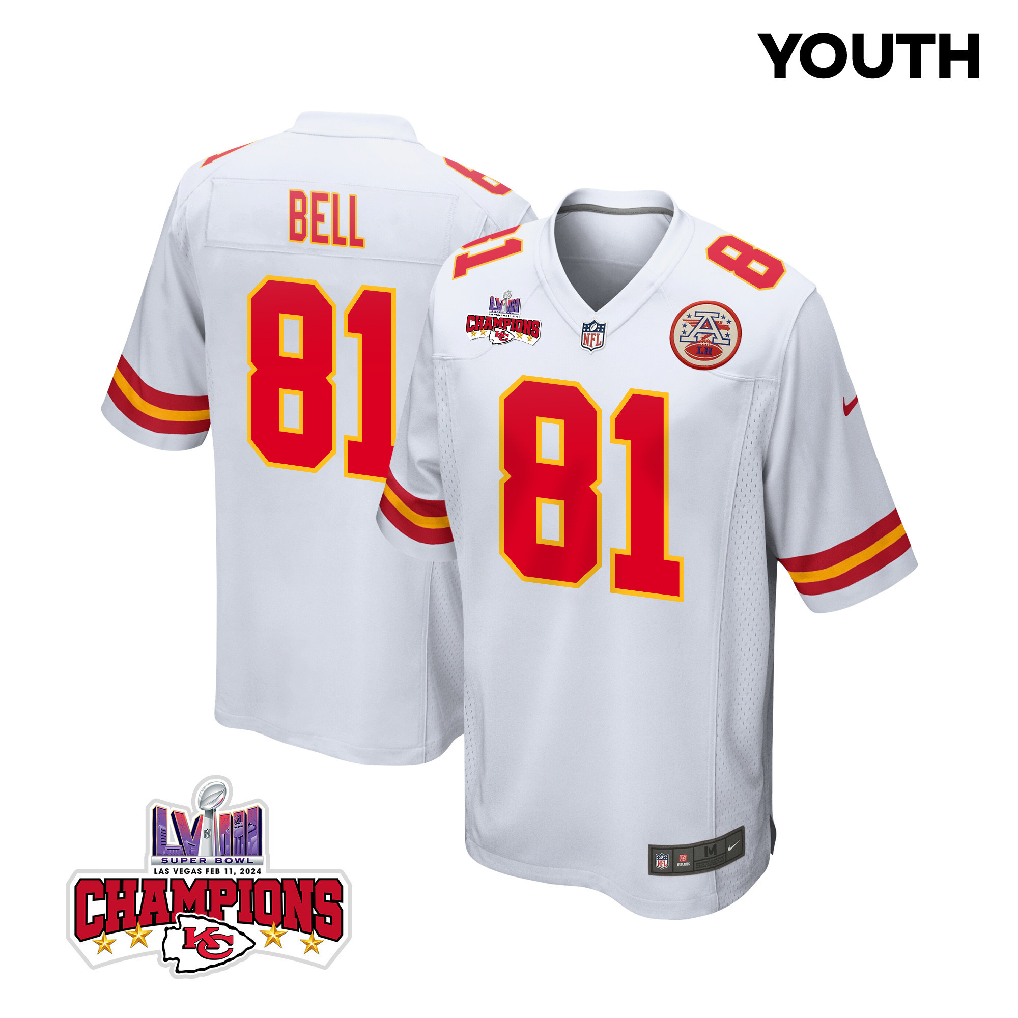 Blake Bell 81 Kansas City Chiefs Super Bowl Lviii Champions 4 Stars Patch Game Youth Jersey - White Js4568