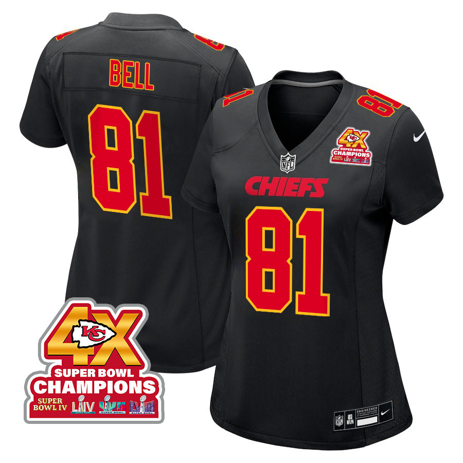 Blake Bell 81 Kansas City Chiefs Super Bowl Lviii Champions 4x Fashion Game Women Jersey - Carbon Black Js5342