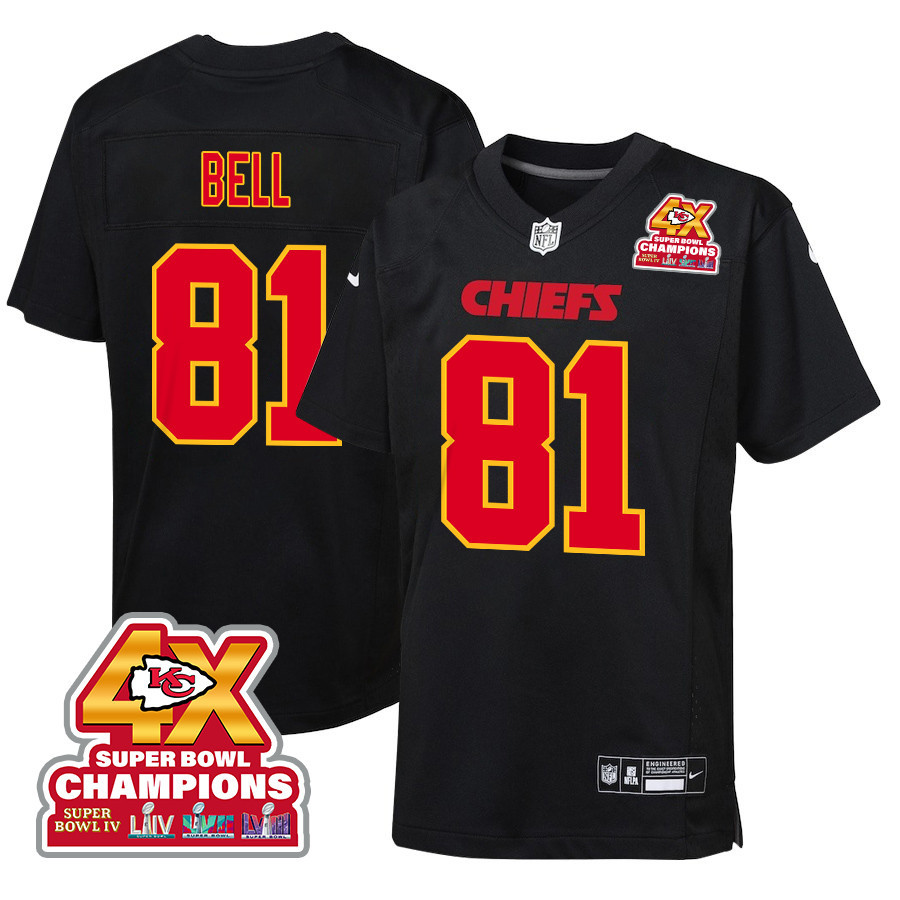Blake Bell 81 Kansas City Chiefs Super Bowl Lviii Champions 4x Fashion Game Youth Jersey - Carbon Black Js4830