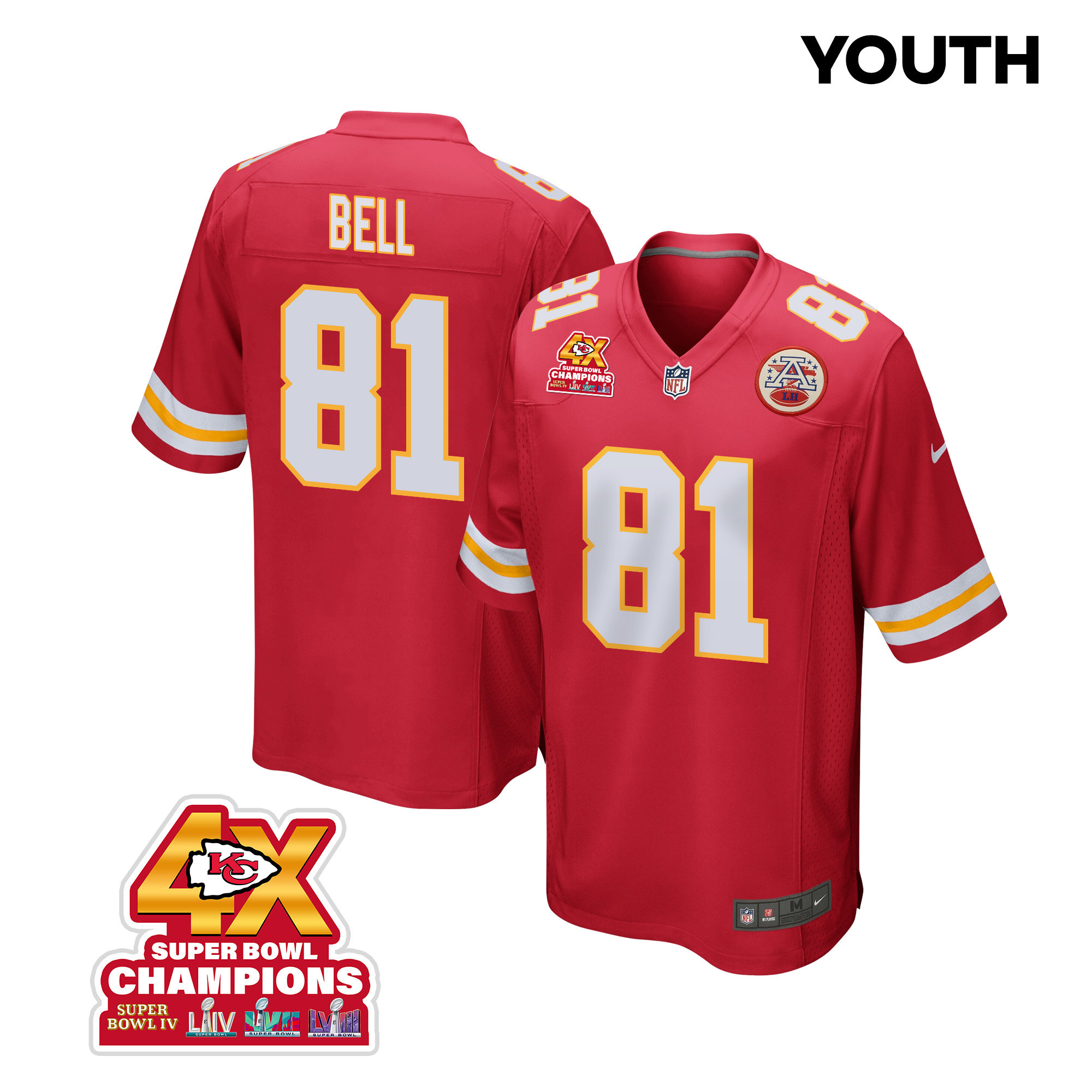 Blake Bell 81 Kansas City Chiefs Super Bowl Lviii Champions 4x Game Youth Jersey - Red Js2348