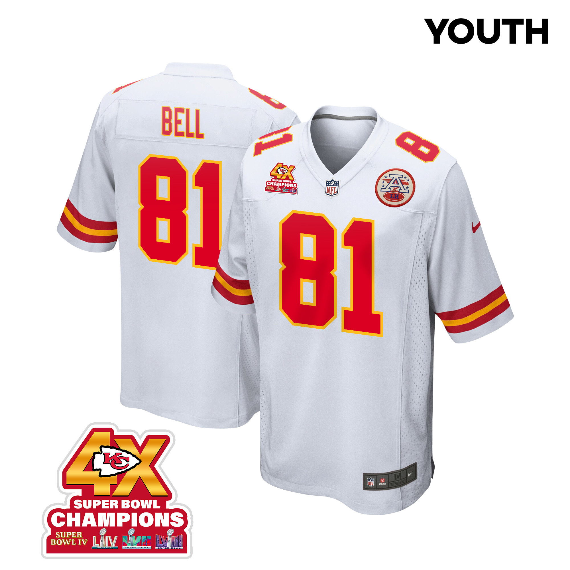 Blake Bell 81 Kansas City Chiefs Super Bowl Lviii Champions 4x Game Youth Jersey - White Js4715