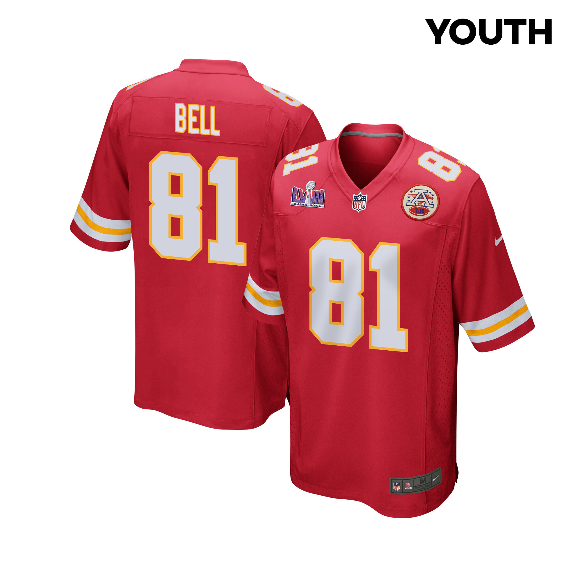 Blake Bell 81 Kansas City Chiefs Super Bowl Lviii Patch Game Youth Jersey - Red Js4774