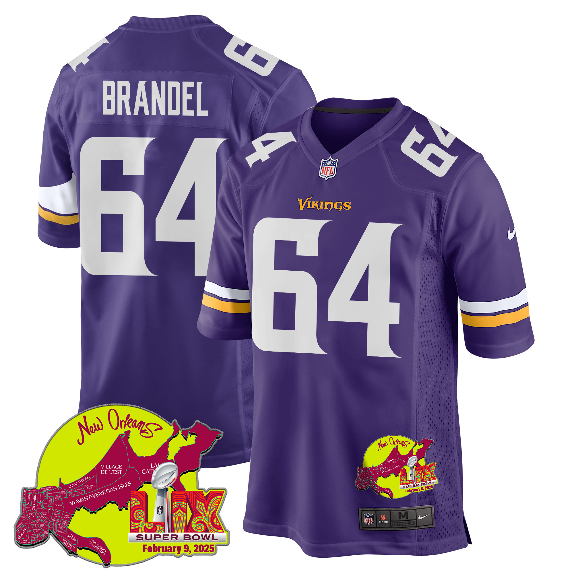 Blake Brandel 64 Minnesota Vikings Super Bowl Lix New Orleans Patch Game Men Jersey - Purple Js4858