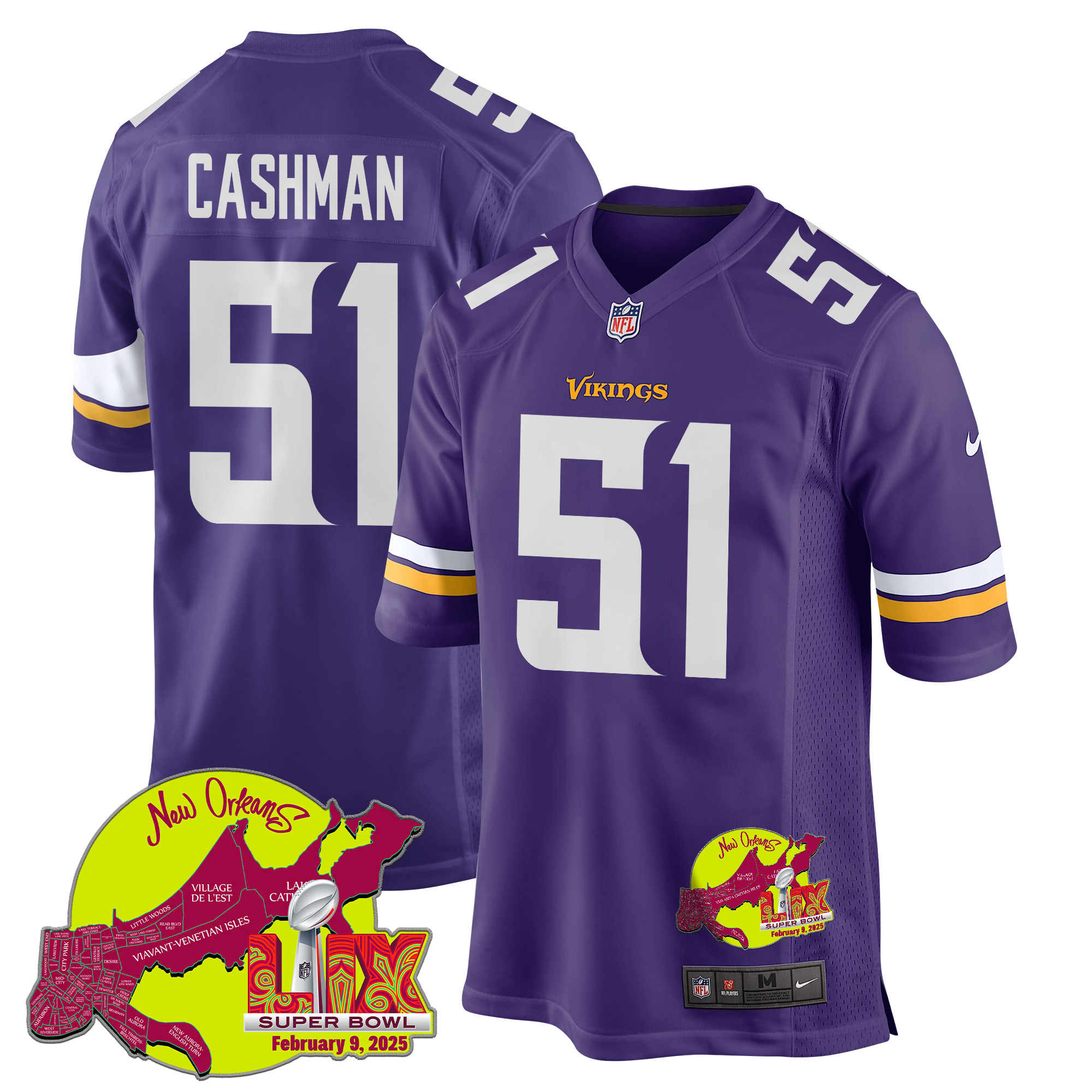 Blake Cashman 51 Minnesota Vikings Super Bowl Lix New Orleans Patch Game Men Jersey - Purple Js2282
