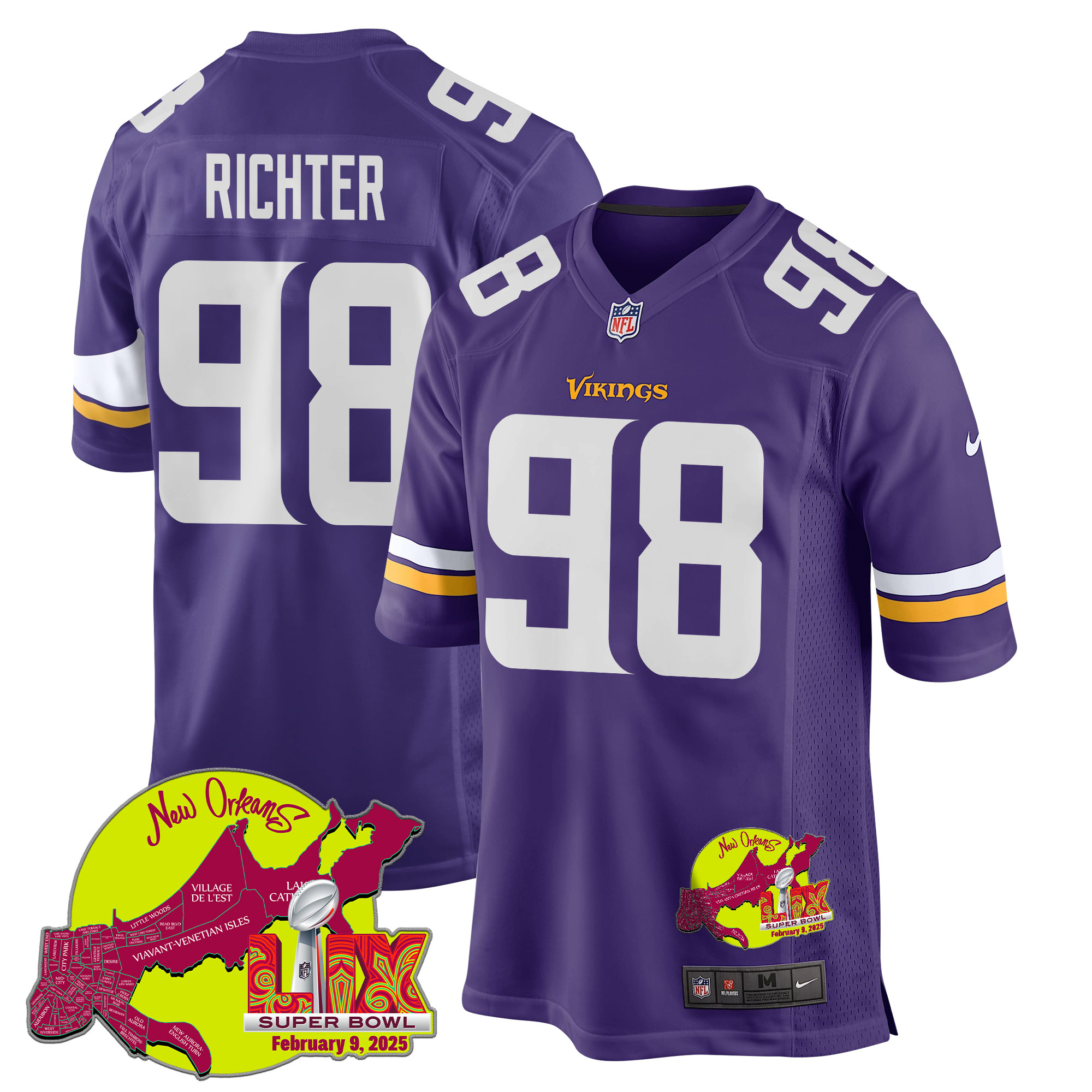 Bo Richter 98 Minnesota Vikings Super Bowl Lix New Orleans Patch Game Men Jersey - Purple Js6631