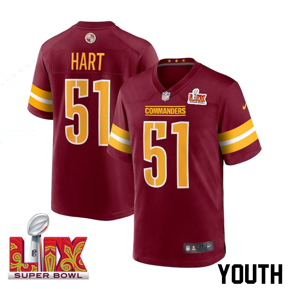 Bobby Hart #51 Washington Commanders Super Bowl Lix Youth Jersey - Burgundy Js5119