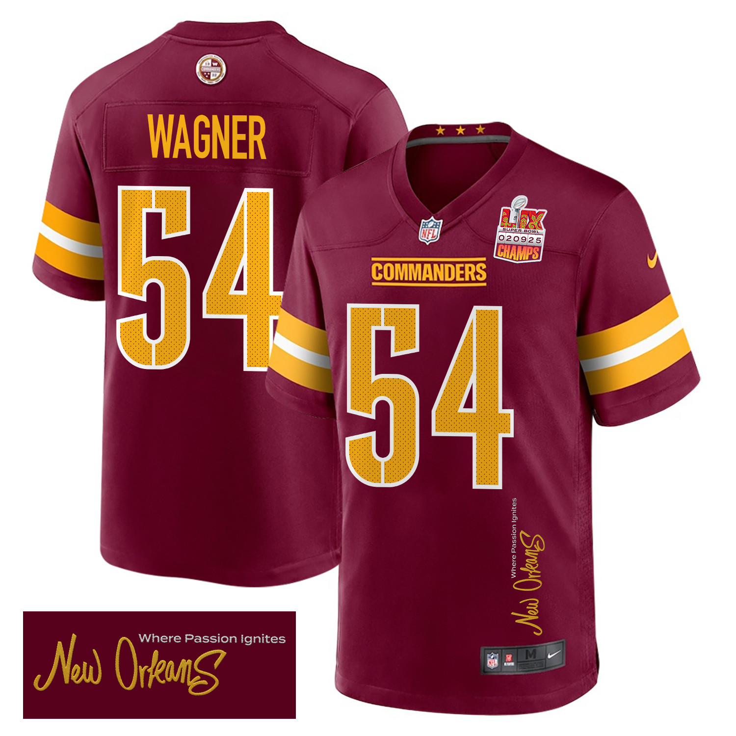 Bobby Wagner 54 Washington Commanders Super Bowl Lix Champions Patch 'new Orleans - Where Passion Ignites' Embroidered Game Men Jersey - Burgundy Js6876