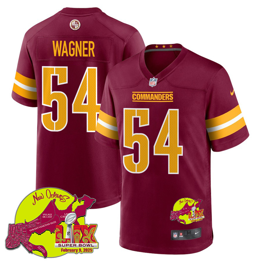 Bobby Wagner 54 Washington Commanders Super Bowl Lix New Orleans Patch Game Men Jersey - Burgundy Js9832
