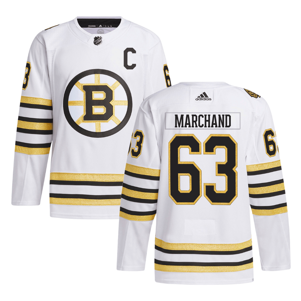 Brad Marchand 63 Boston Bruins 100th Anniversary Primegreen Away Men Jersey - White