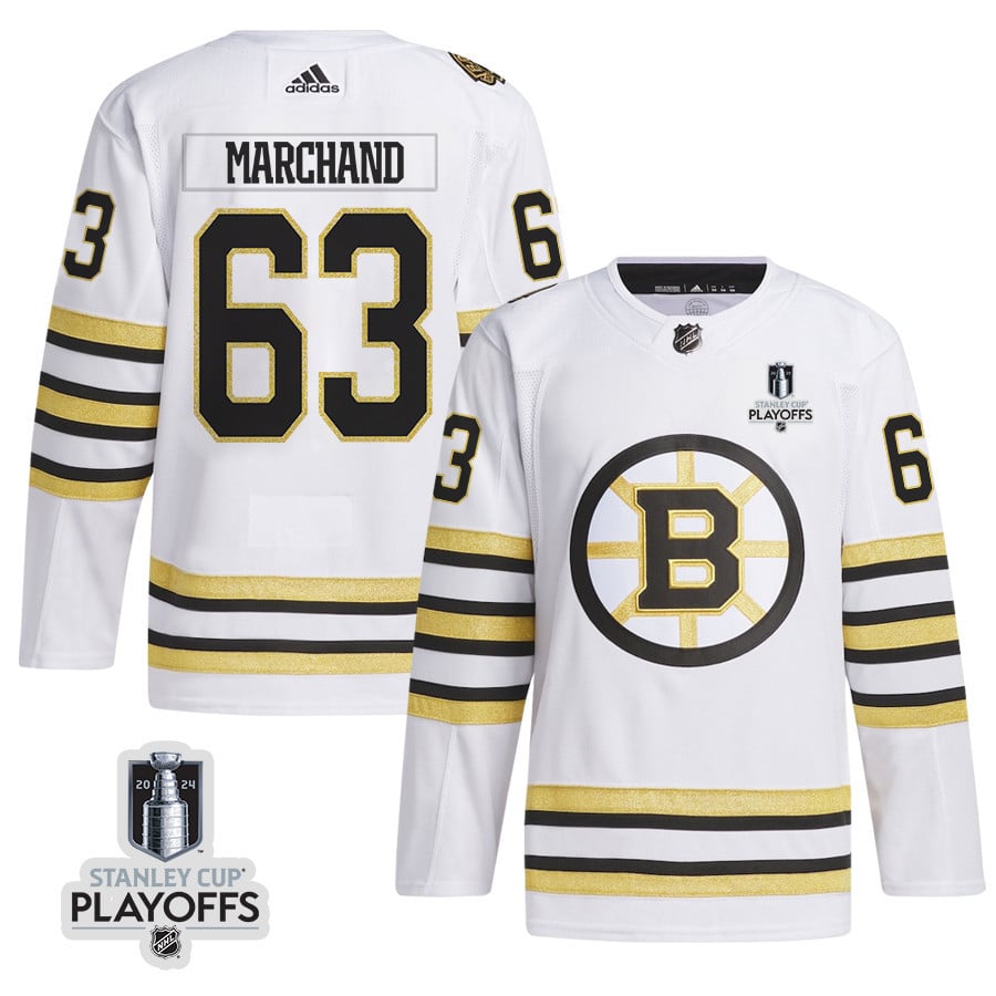 Brad Marchand 63 Boston Bruins 2024 Nhl Playoffs Patch Away Jersey - Men, White