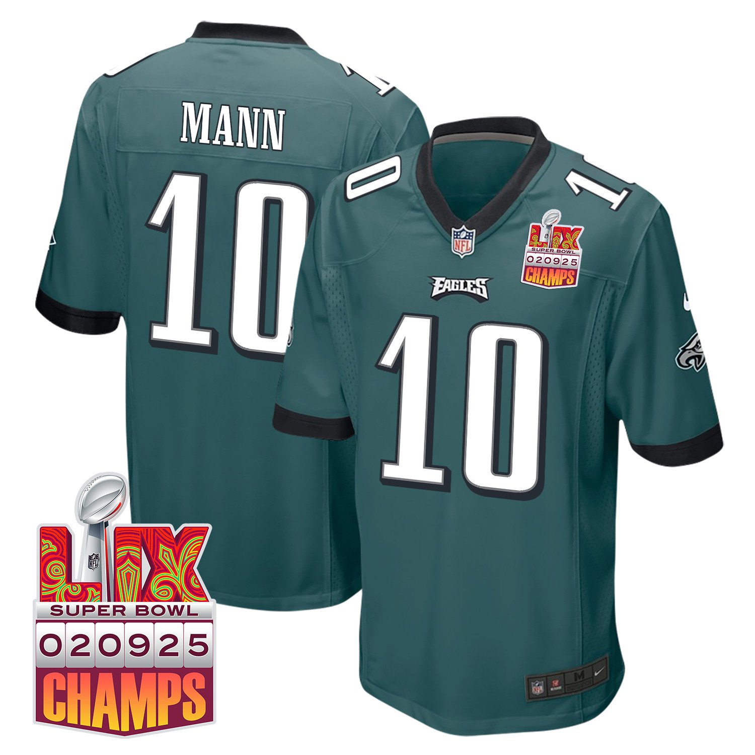 Braden Mann 10 Philadelphia Eagles Super Bowl Lix Champions Patch Game Men Jersey - Midnight Green Js3534