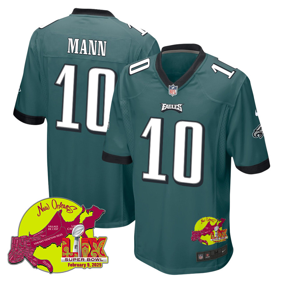Braden Mann 10 Philadelphia Eagles Super Bowl Lix New Orleans Patch Game Men Jersey - Midnight Green Js7730