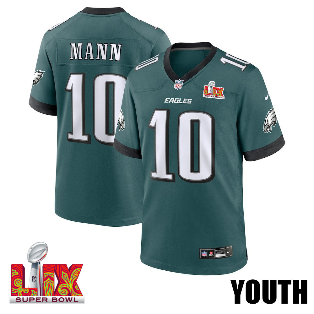 Braden Mann #10 Philadelphia Eagles Super Bowl Lix Youth Jersey - Midnight Green Js3593