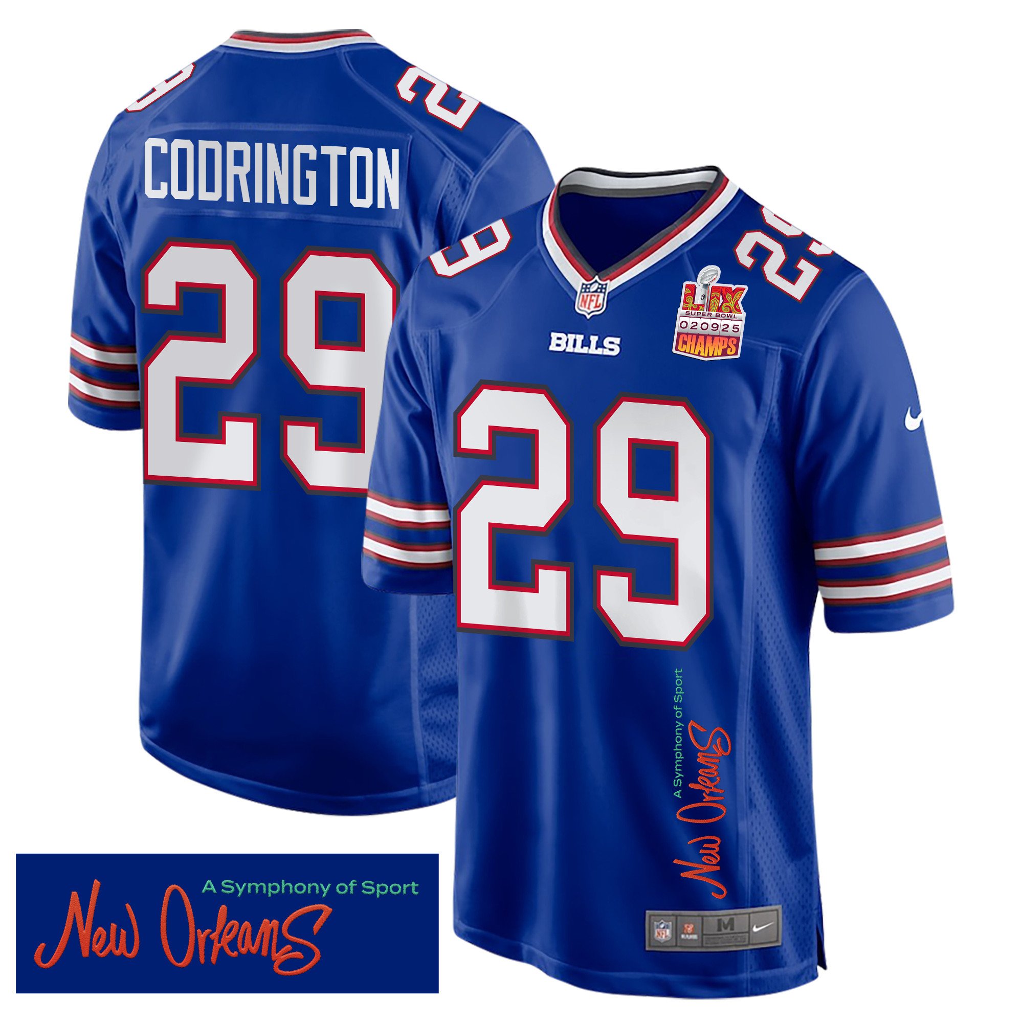 Brandon Codrington 29 Buffalo Bills Super Bowl Lix Champions Patch 'new Orleans - A Symphony Of Sport' Embroidered Game Men Jersey - Royal Js9805