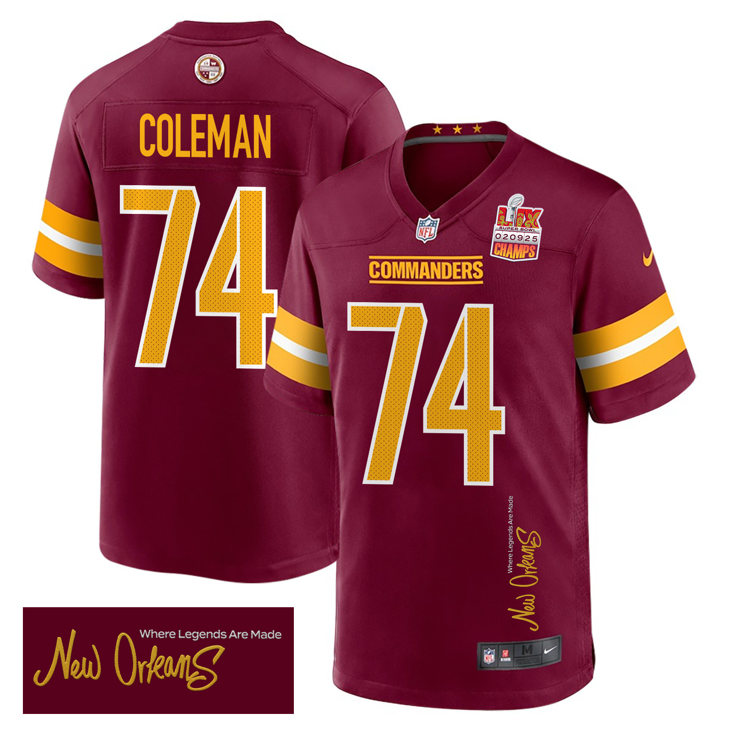 Brandon Coleman 74 Washington Commanders Super Bowl Lix Champions Patch 'new Orleans - Where Legends Are Made' Embroidered Game Men Jersey - Burgundy Js9452