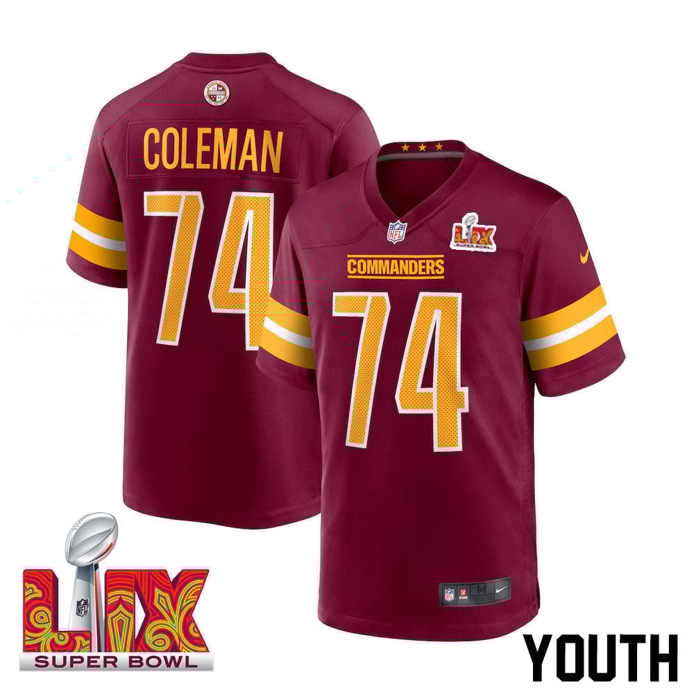 Brandon Coleman #74 Washington Commanders Super Bowl Lix Youth Jersey - Burgundy Js8949