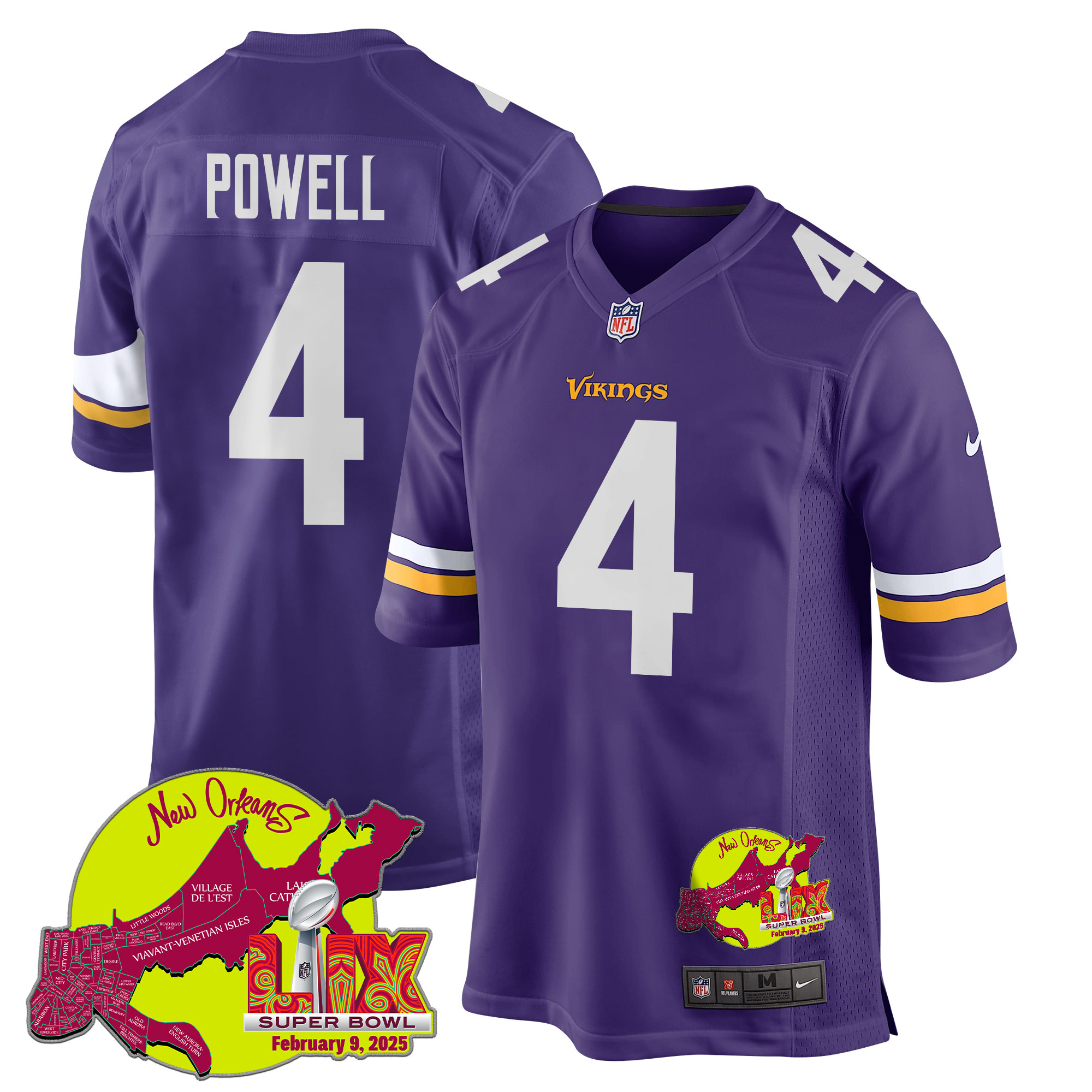 Brandon Powell 4 Minnesota Vikings Super Bowl Lix New Orleans Patch Game Men Jersey - Purple Js8634