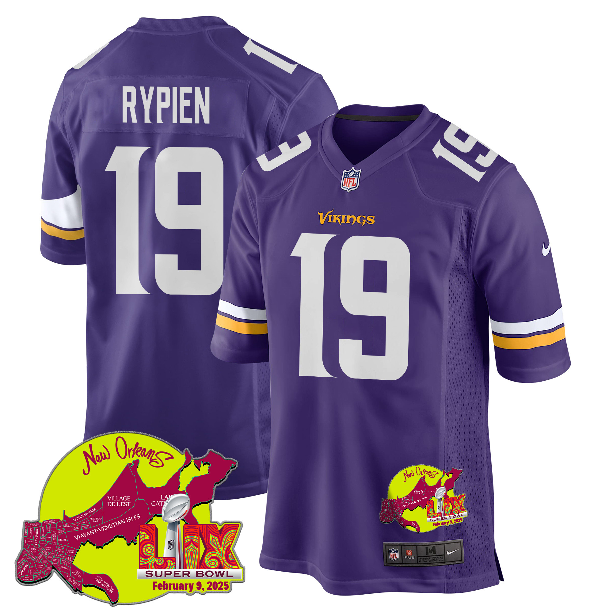 Brett Rypien 19 Minnesota Vikings Super Bowl Lix New Orleans Patch Game Men Jersey - Purple Js9760