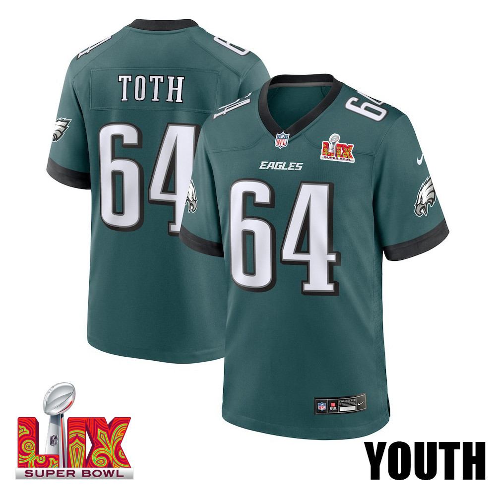 Brett Toth #64 Philadelphia Eagles Super Bowl Lix Youth Jersey - Midnight Green Js1523
